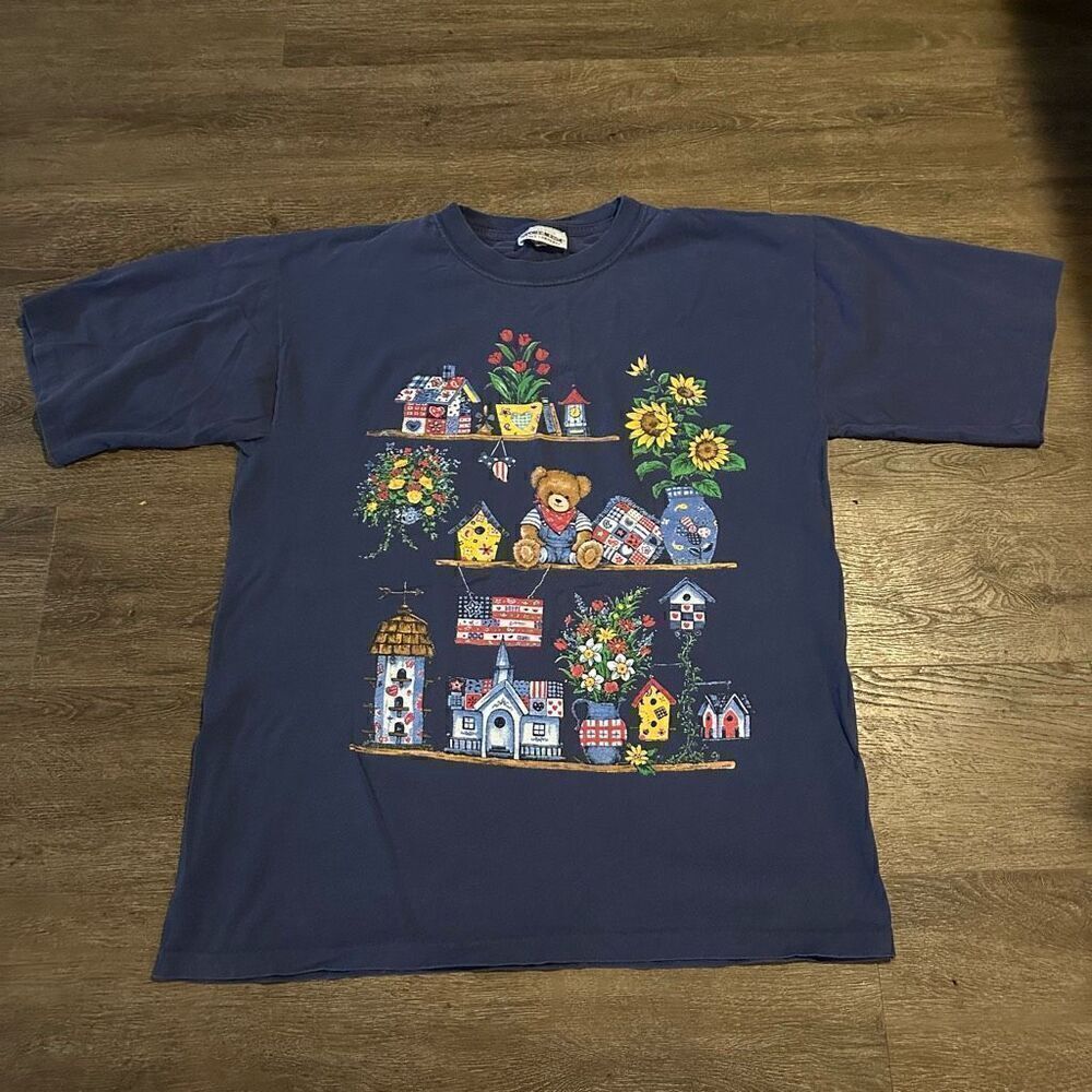 Vtg Single Stitch Blue Country Cottage Bears Graphic T Shirt USA Flag Womens XL